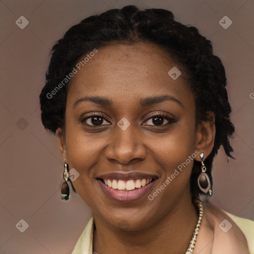 Joyful black young-adult female with long  black hair and brown eyes