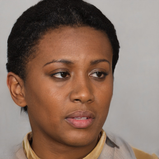 Neutral latino young-adult female with short  brown hair and brown eyes