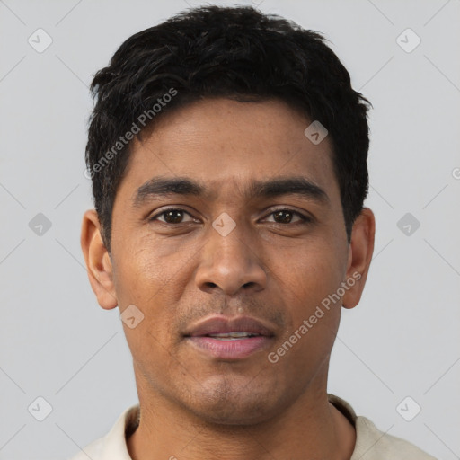 Neutral asian young-adult male with short  black hair and brown eyes