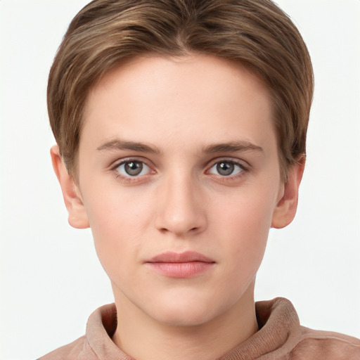 Neutral white young-adult female with short  brown hair and grey eyes