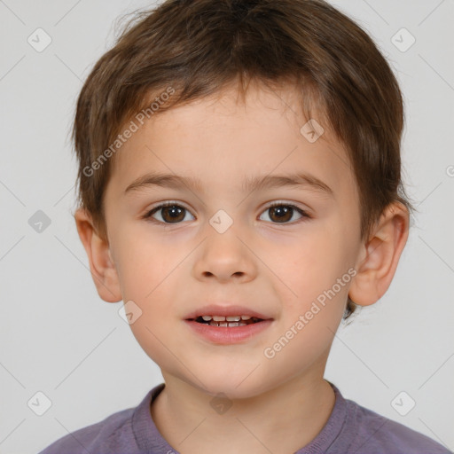 Joyful white child male with short  brown hair and brown eyes