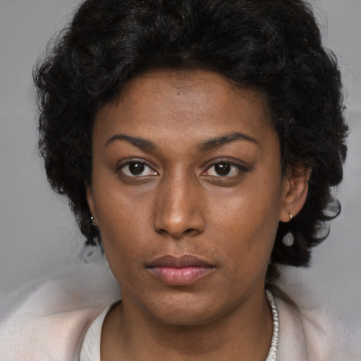 Neutral black young-adult female with long  black hair and brown eyes