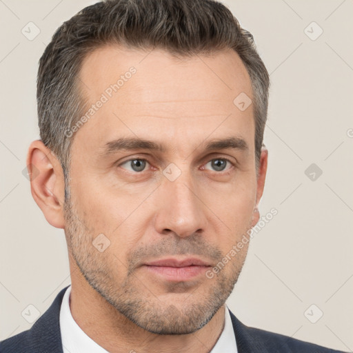 Neutral white adult male with short  brown hair and brown eyes