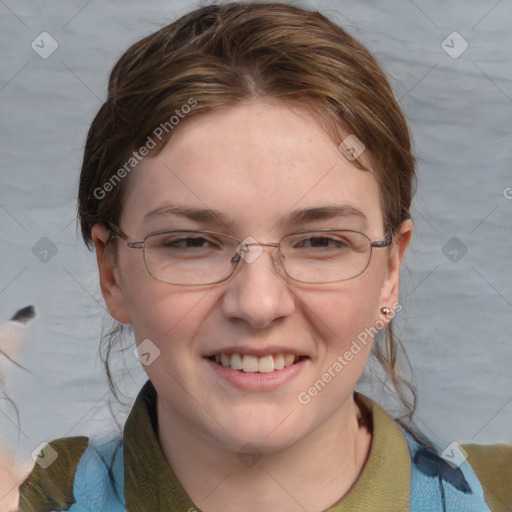 Joyful white young-adult female with medium  brown hair and blue eyes