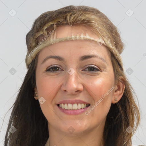 Joyful white young-adult female with long  brown hair and grey eyes