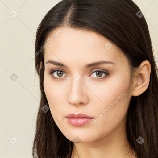 Neutral white young-adult female with long  brown hair and brown eyes