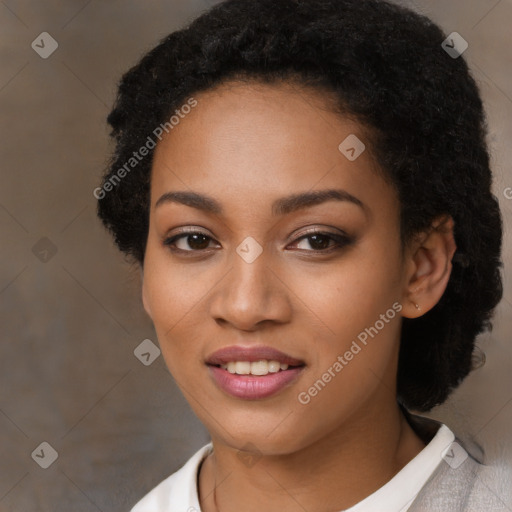 Joyful latino young-adult female with short  black hair and brown eyes