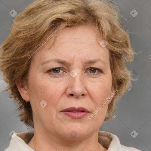 Joyful white middle-aged female with medium  brown hair and brown eyes