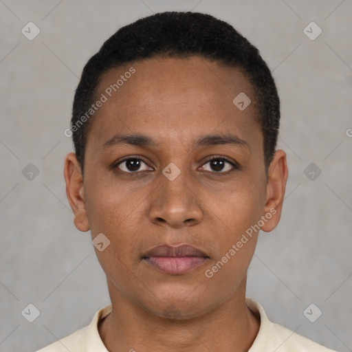 Neutral latino young-adult female with short  black hair and brown eyes