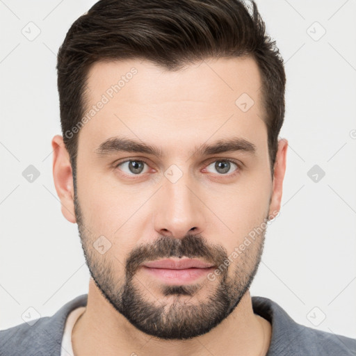 Neutral white young-adult male with short  brown hair and brown eyes