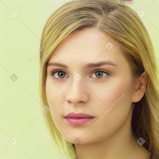 Neutral white young-adult female with long  brown hair and green eyes