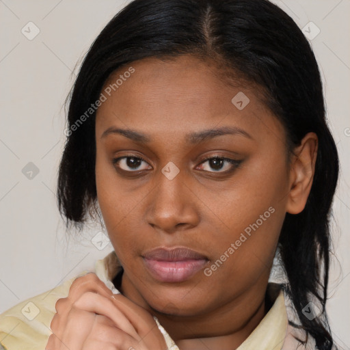 Neutral white young-adult female with medium  brown hair and brown eyes