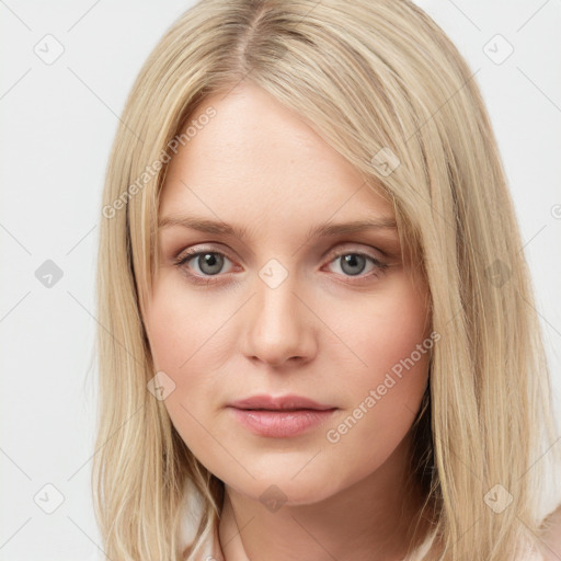 Neutral white young-adult female with long  brown hair and grey eyes