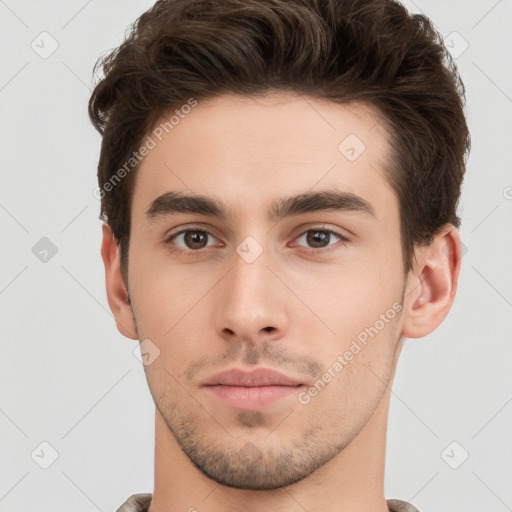 Neutral white young-adult male with short  brown hair and brown eyes