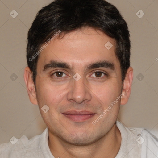 Joyful white young-adult male with short  brown hair and brown eyes