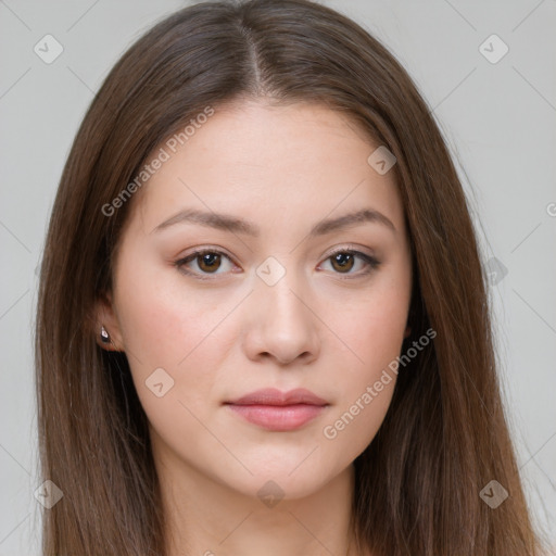 Neutral white young-adult female with long  brown hair and brown eyes