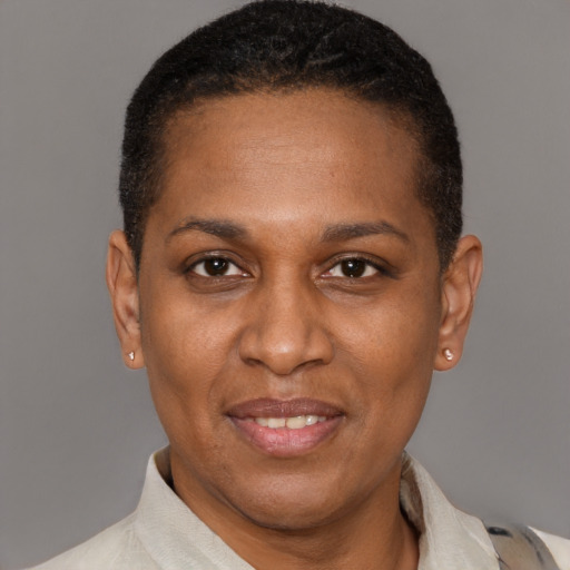 Joyful latino adult female with short  brown hair and brown eyes