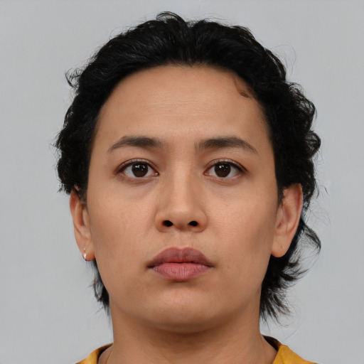 Neutral latino young-adult female with short  black hair and brown eyes