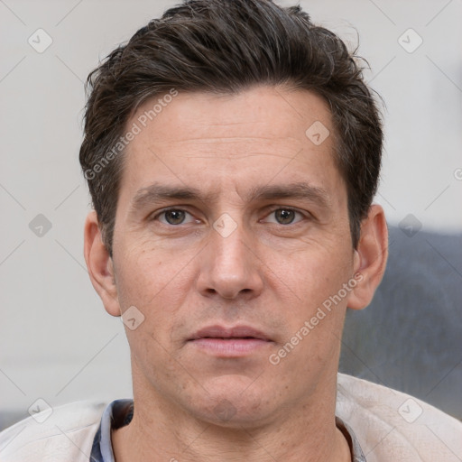 Neutral white adult male with short  brown hair and brown eyes