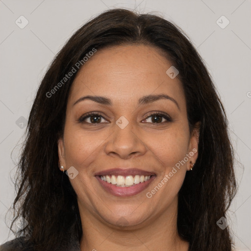 Joyful white adult female with long  brown hair and brown eyes