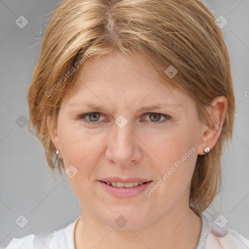 Joyful white young-adult female with medium  brown hair and blue eyes