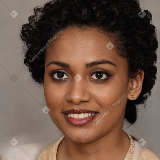 Joyful black young-adult female with medium  brown hair and brown eyes