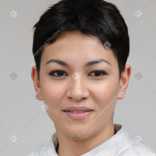 Joyful asian young-adult female with short  brown hair and brown eyes