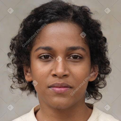 Neutral black young-adult female with medium  brown hair and brown eyes