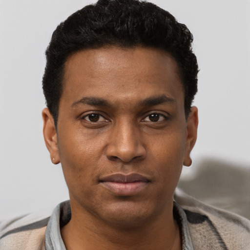 Neutral black young-adult male with short  black hair and brown eyes