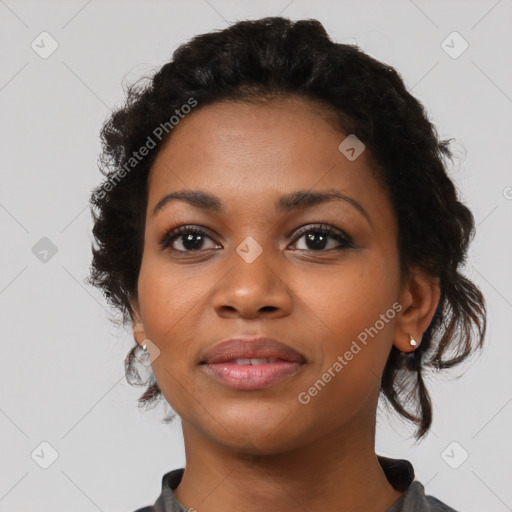 Joyful latino young-adult female with medium  black hair and brown eyes