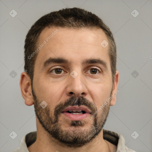 Neutral white adult male with short  brown hair and brown eyes