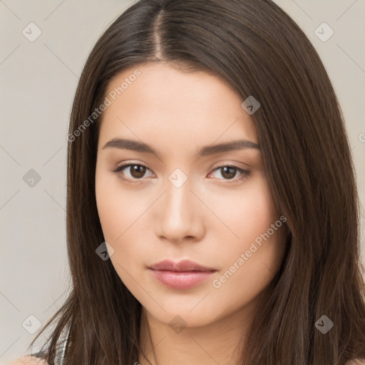 Neutral white young-adult female with long  brown hair and brown eyes