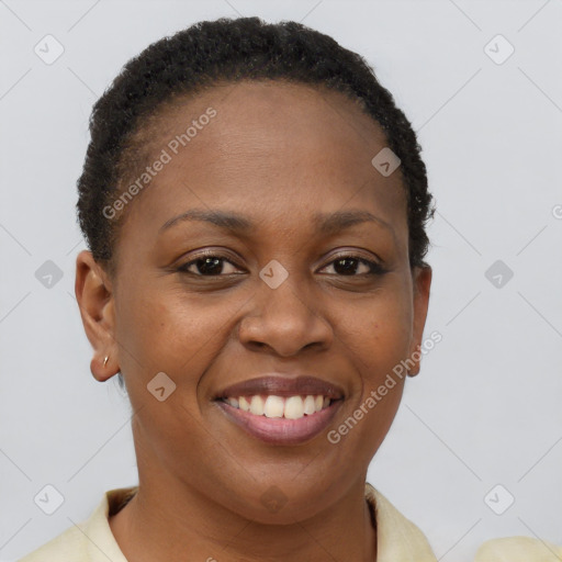 Joyful black young-adult female with short  brown hair and brown eyes