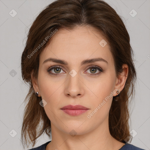 Neutral white young-adult female with medium  brown hair and brown eyes