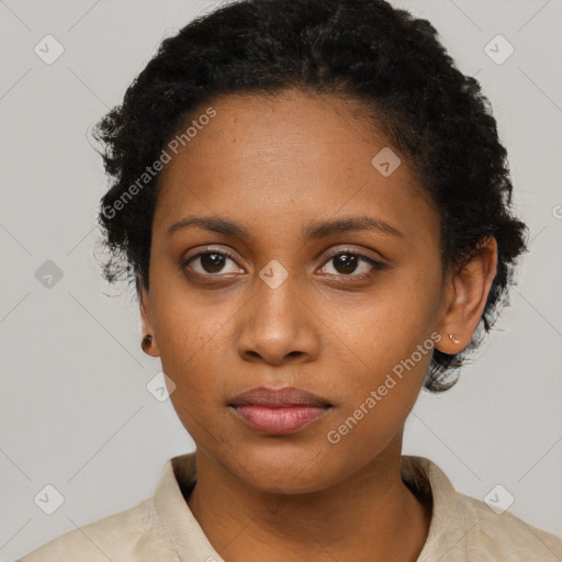 Neutral black young-adult female with short  black hair and brown eyes