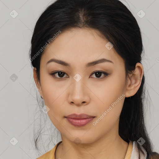 Neutral asian young-adult female with long  brown hair and brown eyes