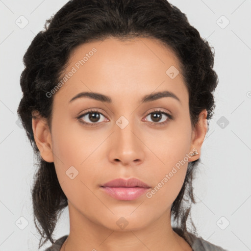 Neutral latino young-adult female with medium  brown hair and brown eyes