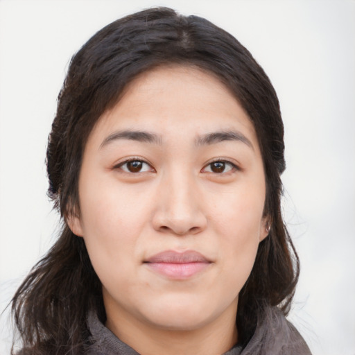Neutral asian young-adult female with long  black hair and brown eyes