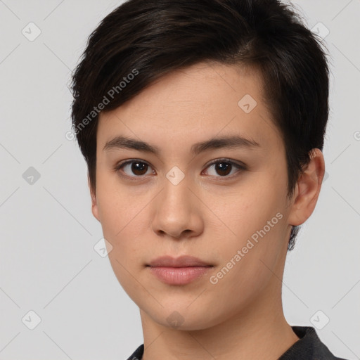 Neutral white young-adult female with short  brown hair and brown eyes