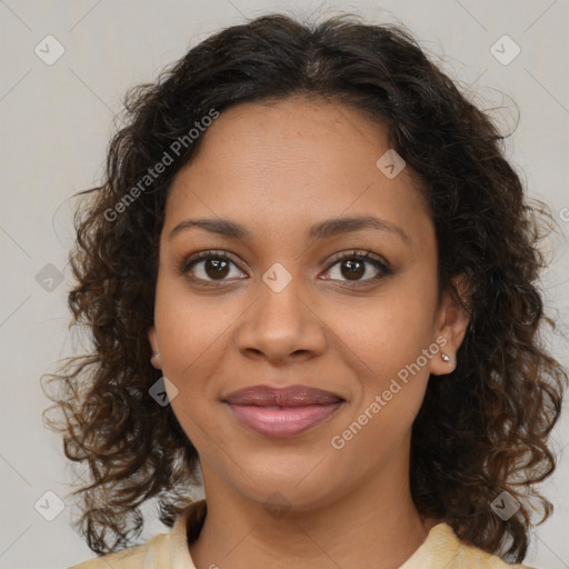 Joyful black young-adult female with medium  brown hair and brown eyes