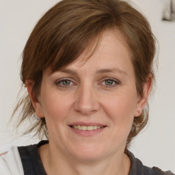 Joyful white adult female with medium  brown hair and grey eyes