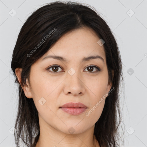 Joyful white young-adult female with long  brown hair and brown eyes