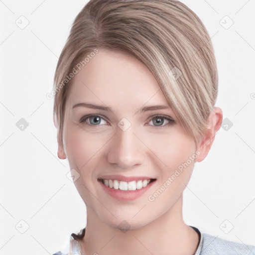 Joyful white young-adult female with medium  brown hair and blue eyes