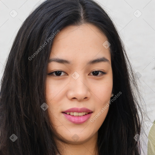 Joyful asian young-adult female with long  brown hair and brown eyes