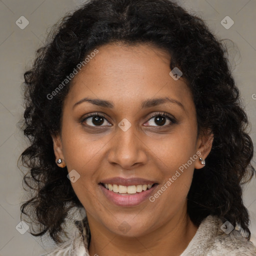 Joyful black young-adult female with medium  brown hair and brown eyes