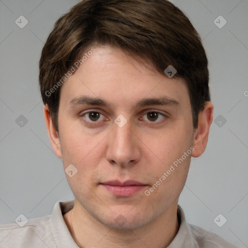 Neutral white young-adult male with short  brown hair and brown eyes