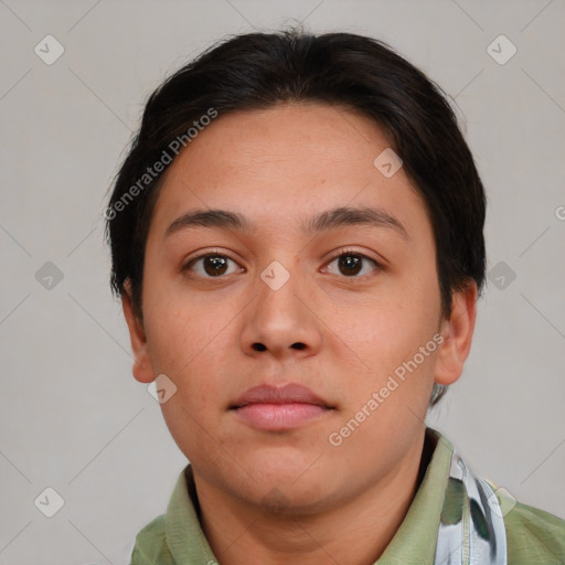 Neutral asian young-adult male with short  brown hair and brown eyes