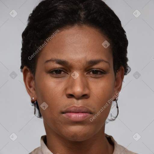 Neutral black young-adult female with short  brown hair and brown eyes