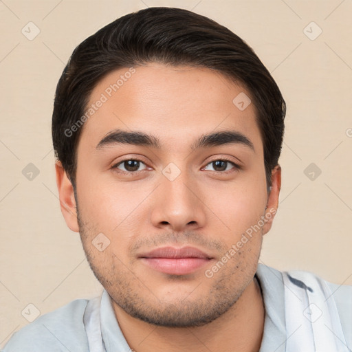 Neutral white young-adult male with short  brown hair and brown eyes