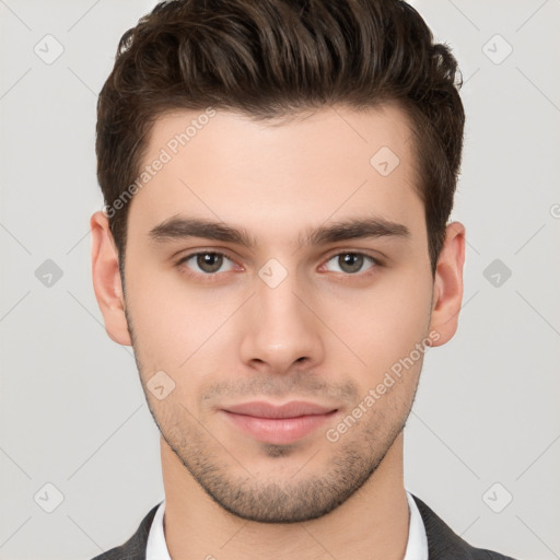 Neutral white young-adult male with short  brown hair and brown eyes